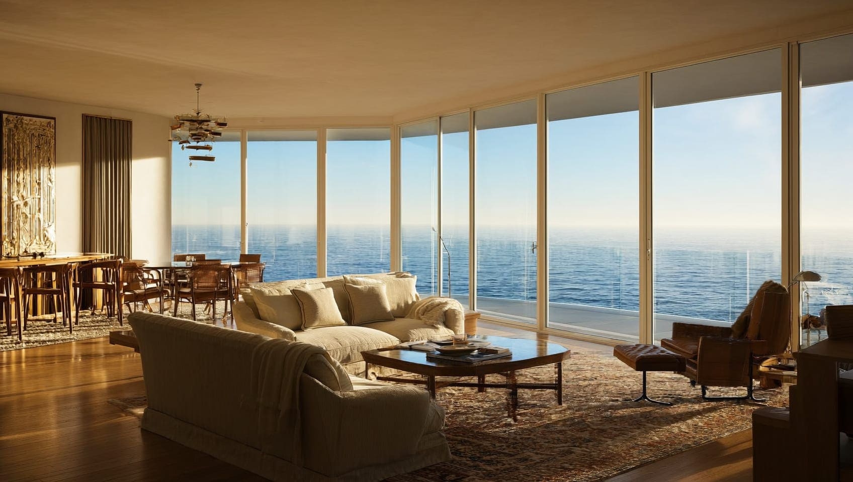 Luxury condo living room with panoramic ocean view